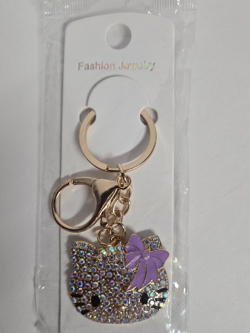 Gold-tone Crystal Hello Kitty Keychain w/Purple Bow NWOT